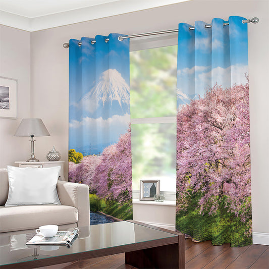 Mount Fuji And Cherry Blossom Print Extra Wide Grommet Curtains