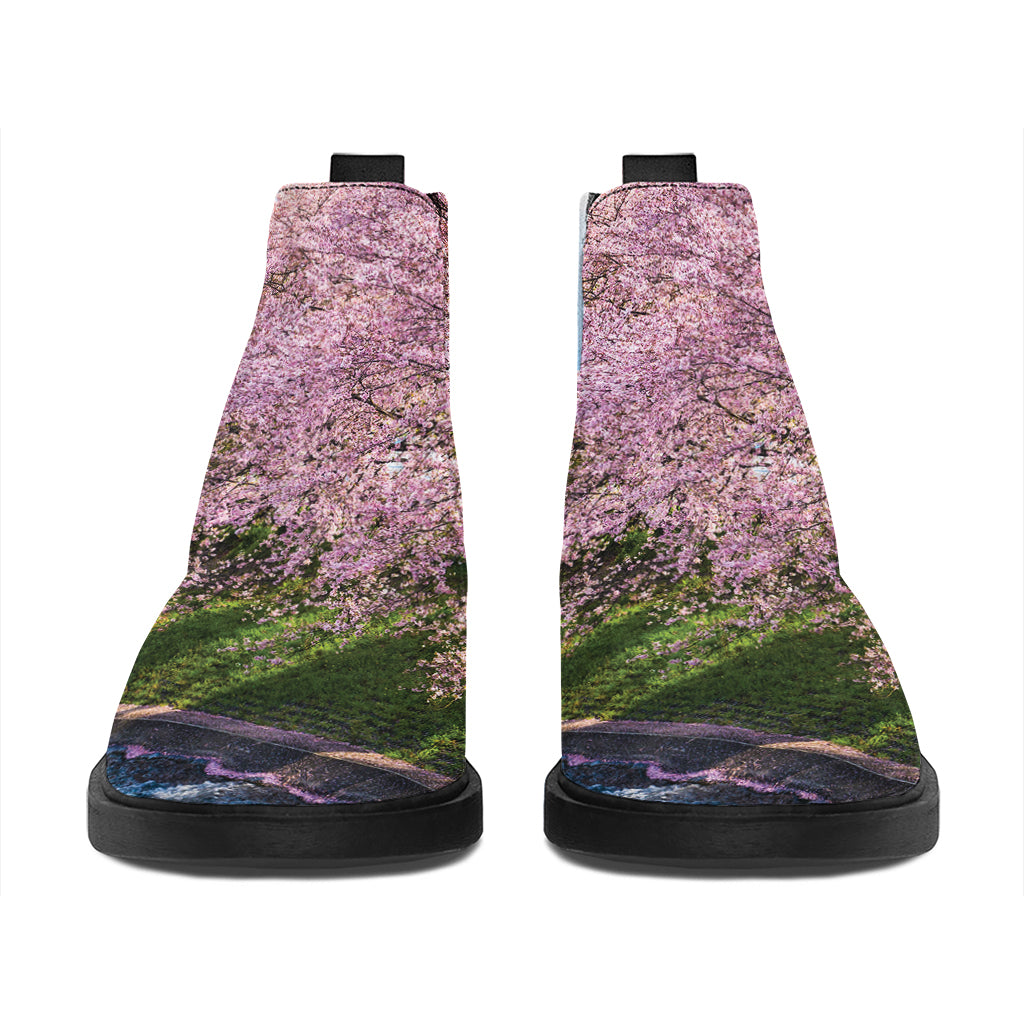 Mount Fuji And Cherry Blossom Print Flat Ankle Boots