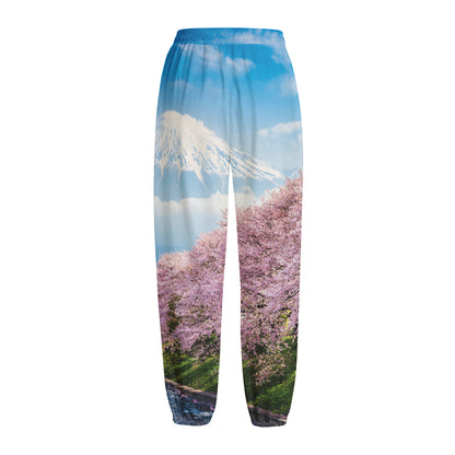 Mount Fuji And Cherry Blossom Print Fleece Lined Knit Pants