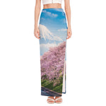 Mount Fuji And Cherry Blossom Print High Slit Maxi Skirt