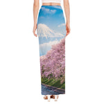 Mount Fuji And Cherry Blossom Print High Slit Maxi Skirt