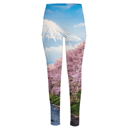 Mount Fuji And Cherry Blossom Print High-Waisted Pocket Leggings