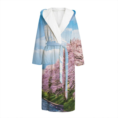 Mount Fuji And Cherry Blossom Print Hooded Bathrobe
