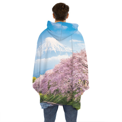 Mount Fuji And Cherry Blossom Print Hoodie Blanket