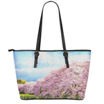 Mount Fuji And Cherry Blossom Print Leather Tote Bag