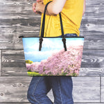 Mount Fuji And Cherry Blossom Print Leather Tote Bag