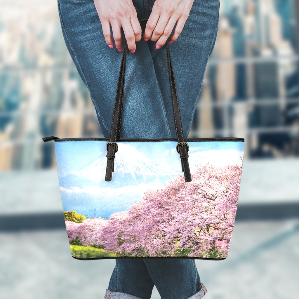Mount Fuji And Cherry Blossom Print Leather Tote Bag
