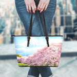 Mount Fuji And Cherry Blossom Print Leather Tote Bag