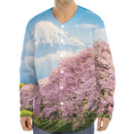 Mount Fuji And Cherry Blossom Print Long Sleeve Baseball Jersey
