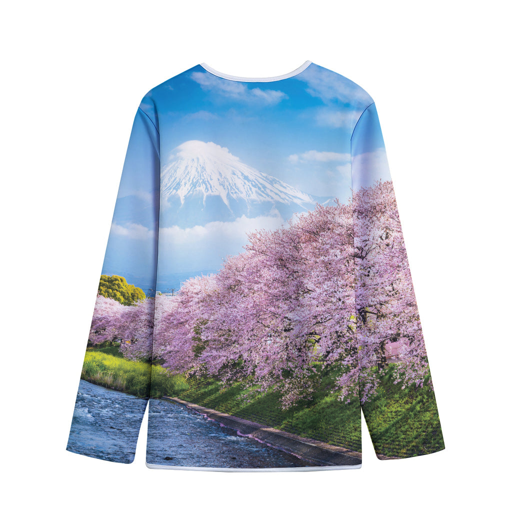 Mount Fuji And Cherry Blossom Print Long Sleeve Short Coat