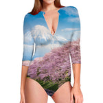 Mount Fuji And Cherry Blossom Print Long Sleeve Swimsuit
