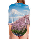 Mount Fuji And Cherry Blossom Print Long Sleeve Swimsuit