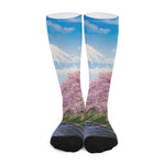 Mount Fuji And Cherry Blossom Print Long Socks