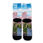 Mount Fuji And Cherry Blossom Print Long Socks