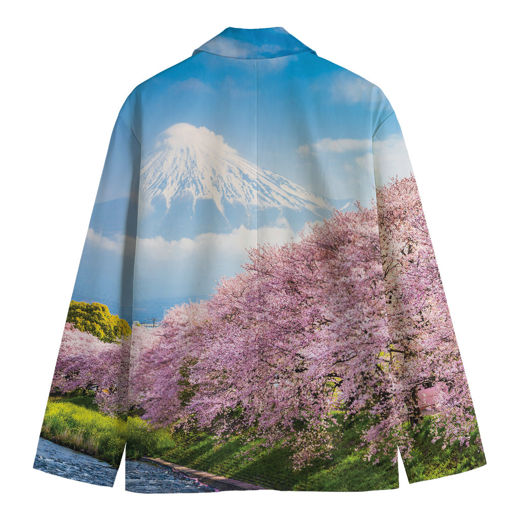 Mount Fuji And Cherry Blossom Print Men's Cotton Blazer