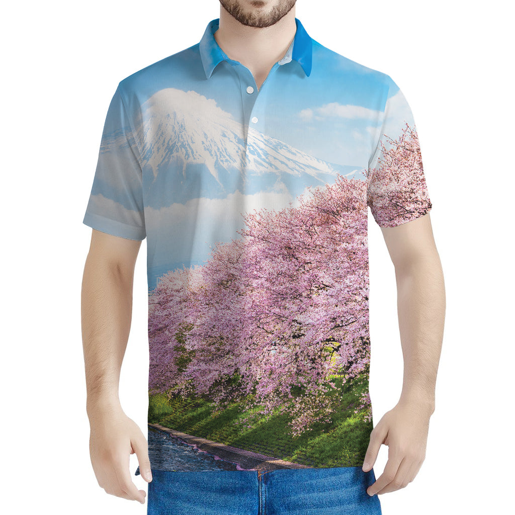 Mount Fuji And Cherry Blossom Print Men's Polo Shirt