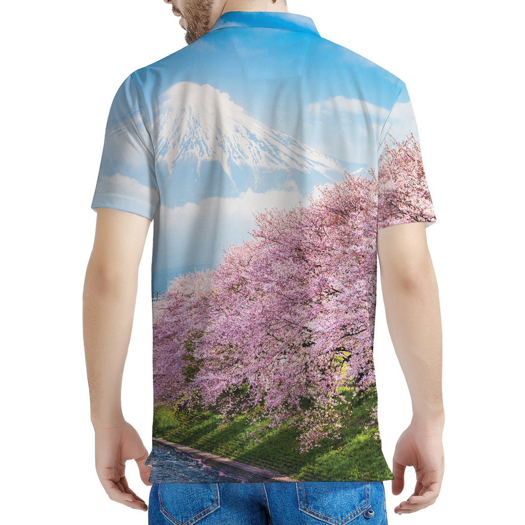 Mount Fuji And Cherry Blossom Print Men's Polo Shirt