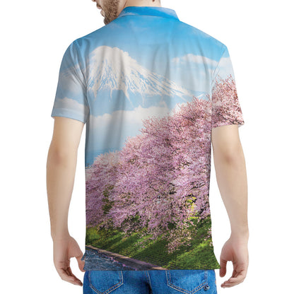 Mount Fuji And Cherry Blossom Print Men's Polo Shirt