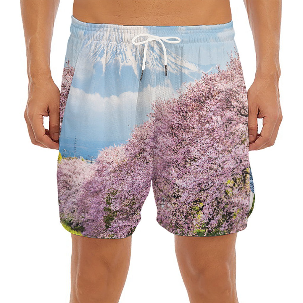Mount Fuji And Cherry Blossom Print Men's Split Running Shorts