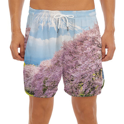 Mount Fuji And Cherry Blossom Print Men's Split Running Shorts