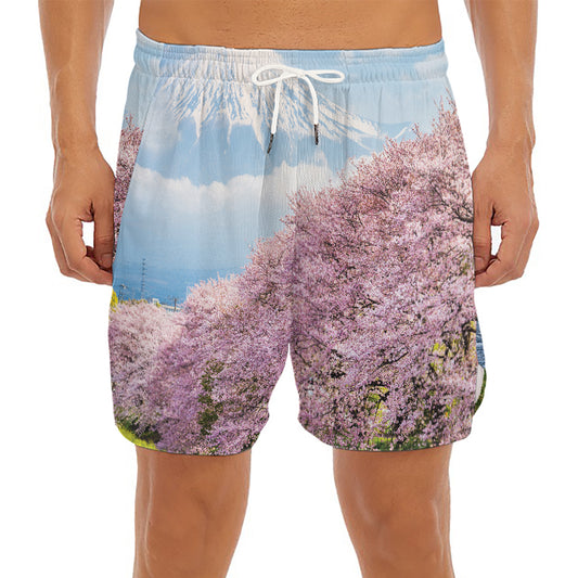 Mount Fuji And Cherry Blossom Print Men's Split Running Shorts