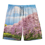 Mount Fuji And Cherry Blossom Print Men's Swim Trunks