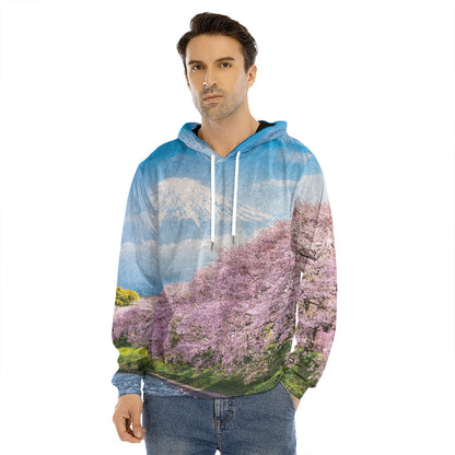 Mount Fuji And Cherry Blossom Print Men's Velvet Pullover Hoodie