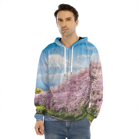Mount Fuji And Cherry Blossom Print Men's Velvet Pullover Hoodie