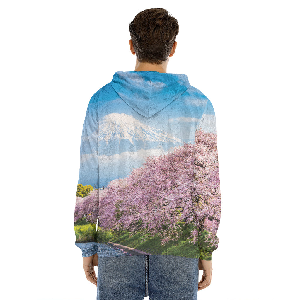 Mount Fuji And Cherry Blossom Print Men's Velvet Pullover Hoodie