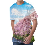 Mount Fuji And Cherry Blossom Print Men's Velvet T-Shirt