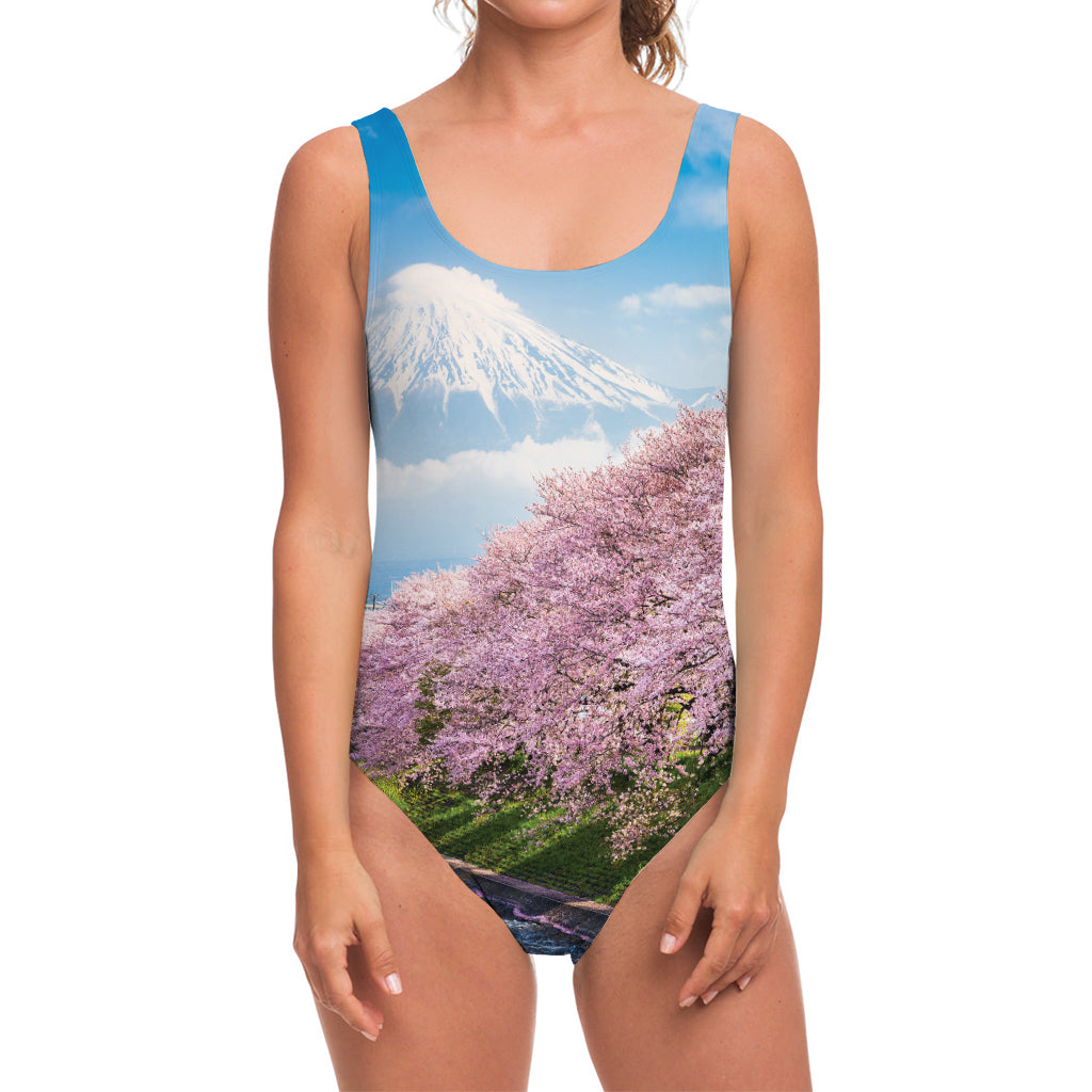 Mount Fuji And Cherry Blossom Print One Piece Swimsuit