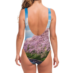 Mount Fuji And Cherry Blossom Print One Piece Swimsuit
