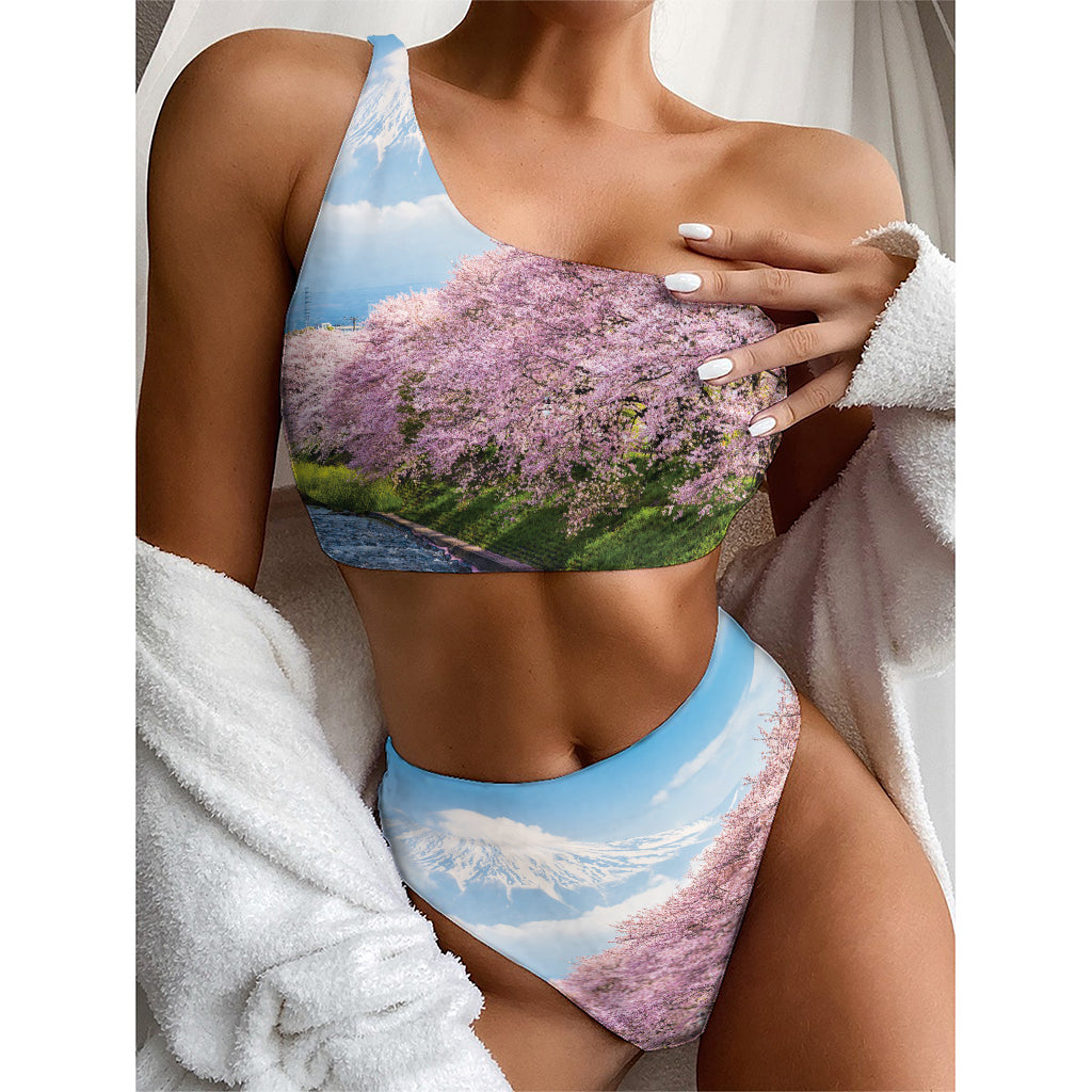 Mount Fuji And Cherry Blossom Print One Shoulder Bikini Top
