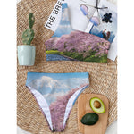Mount Fuji And Cherry Blossom Print One Shoulder Bikini Top
