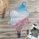 Mount Fuji And Cherry Blossom Print One Shoulder Bodysuit