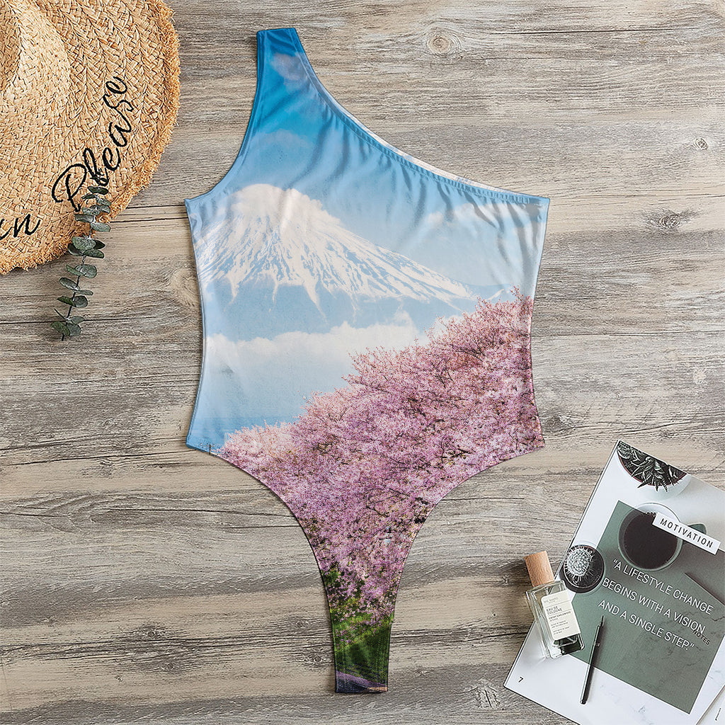 Mount Fuji And Cherry Blossom Print One Shoulder Bodysuit