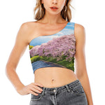 Mount Fuji And Cherry Blossom Print One Shoulder Crop Top