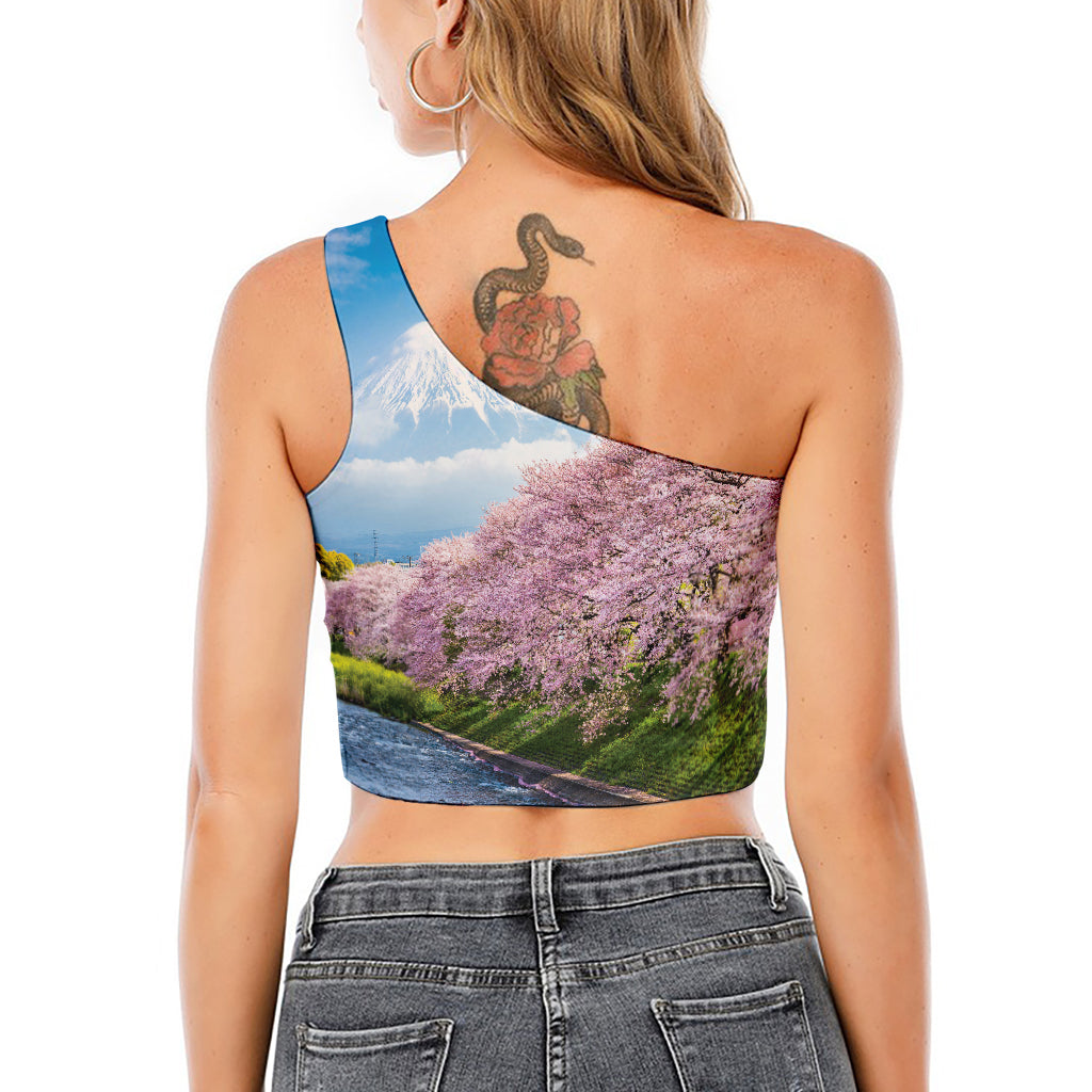 Mount Fuji And Cherry Blossom Print One Shoulder Crop Top