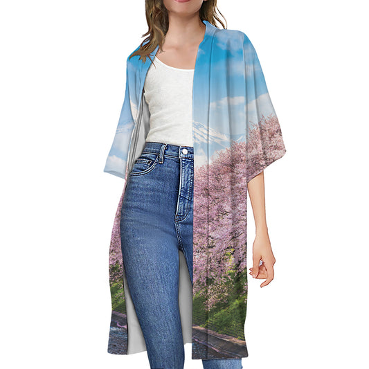 Mount Fuji And Cherry Blossom Print Open Front Beach Cover Up