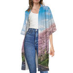 Mount Fuji And Cherry Blossom Print Open Front Beach Cover Up