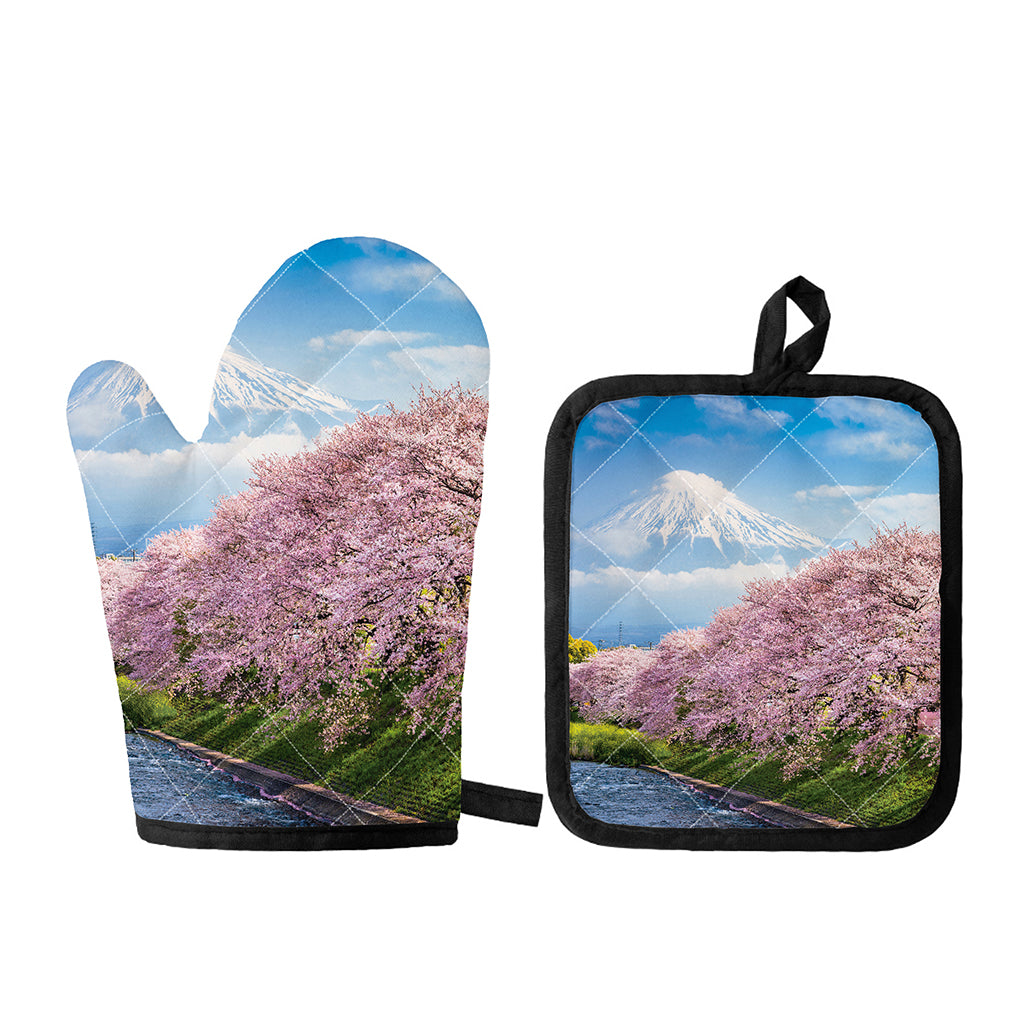 Mount Fuji And Cherry Blossom Print Oven Mitt And Pot Holder Set