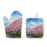 Mount Fuji And Cherry Blossom Print Oven Mitt And Pot Holder Set