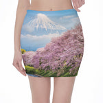 Mount Fuji And Cherry Blossom Print Pencil Mini Skirt