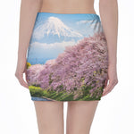 Mount Fuji And Cherry Blossom Print Pencil Mini Skirt
