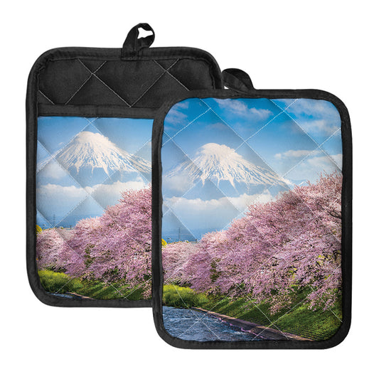 Mount Fuji And Cherry Blossom Print Pot Holders With Pocket