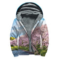 Mount Fuji And Cherry Blossom Print Sherpa Lined Zip Up Hoodie