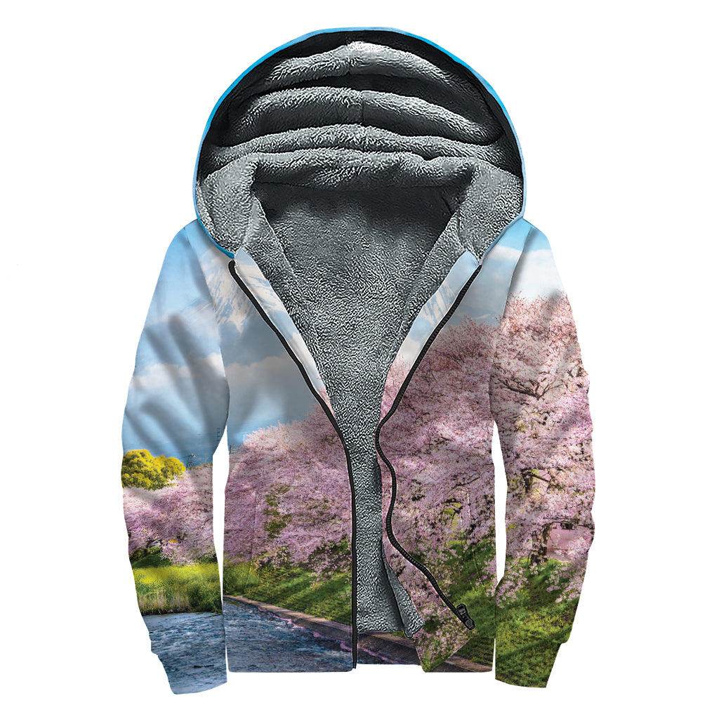 Mount Fuji And Cherry Blossom Print Sherpa Lined Zip Up Hoodie