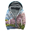 Mount Fuji And Cherry Blossom Print Sherpa Lined Zip Up Hoodie