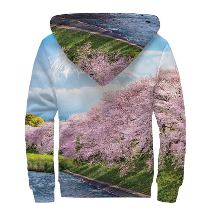 Mount Fuji And Cherry Blossom Print Sherpa Lined Zip Up Hoodie