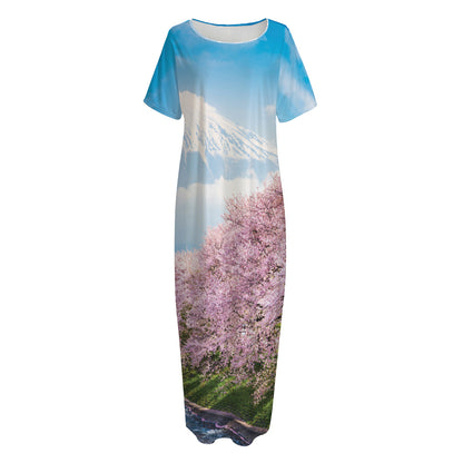 Mount Fuji And Cherry Blossom Print Short Sleeve Long Nightdress